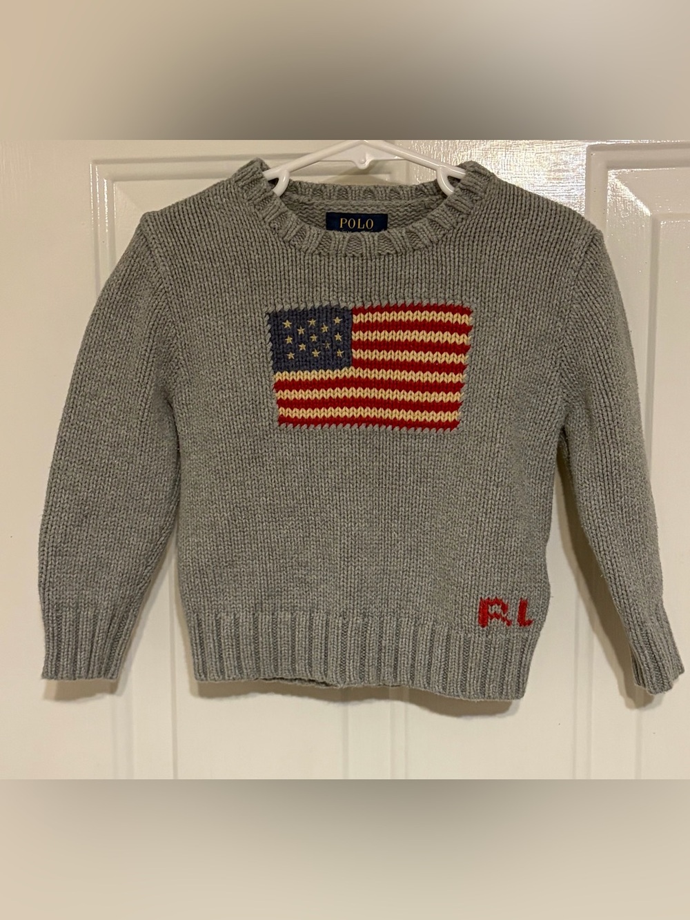 Polo Ralph Lauren Beautiful 100% Cotton Boy's Gray Sweater w/American Flag 3/3T